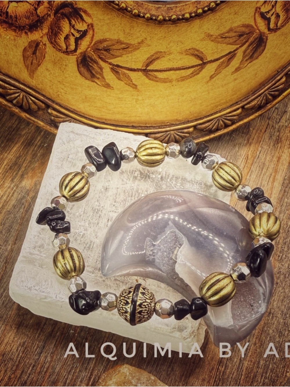 ONYX + Glass Bead Bracelet with Gold Accent Bead ART DECO